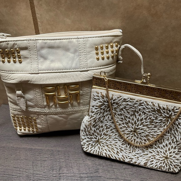 Handbags - Lot of 2 purses BUNDLE Elegant White and Gold Women's Bag Set Vintage beaded